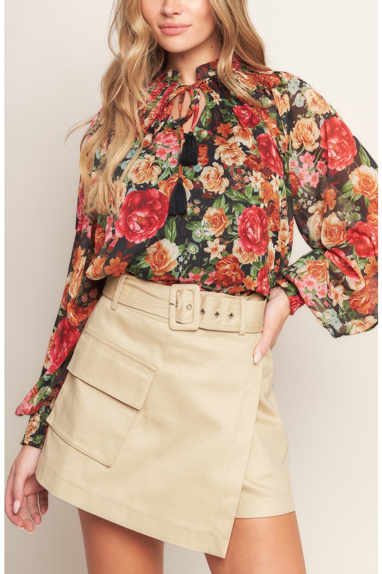 Floral Tie Neck Long Sleeve Top, Alternate, color, BLACK/RED