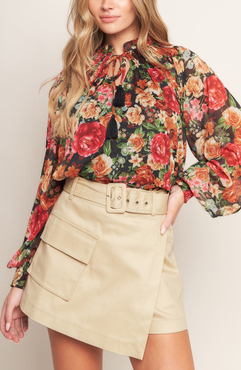 FLYING TOMATO Floral Tie Neck Long Sleeve Top, Alternate, color, Black/Red