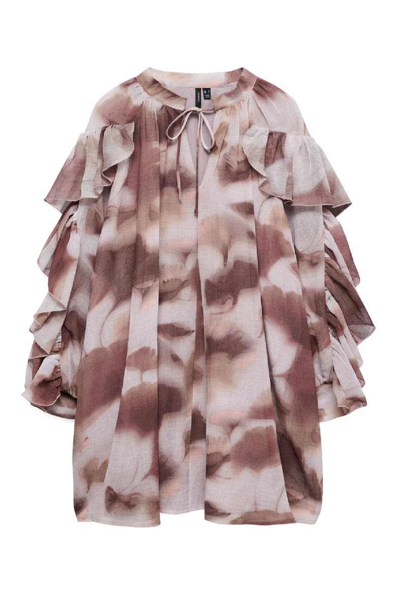 Sabrina Print Split Neck Ruffle Trim Dress, Alternate, color, WISTFUL MAUVE AOPMARIE