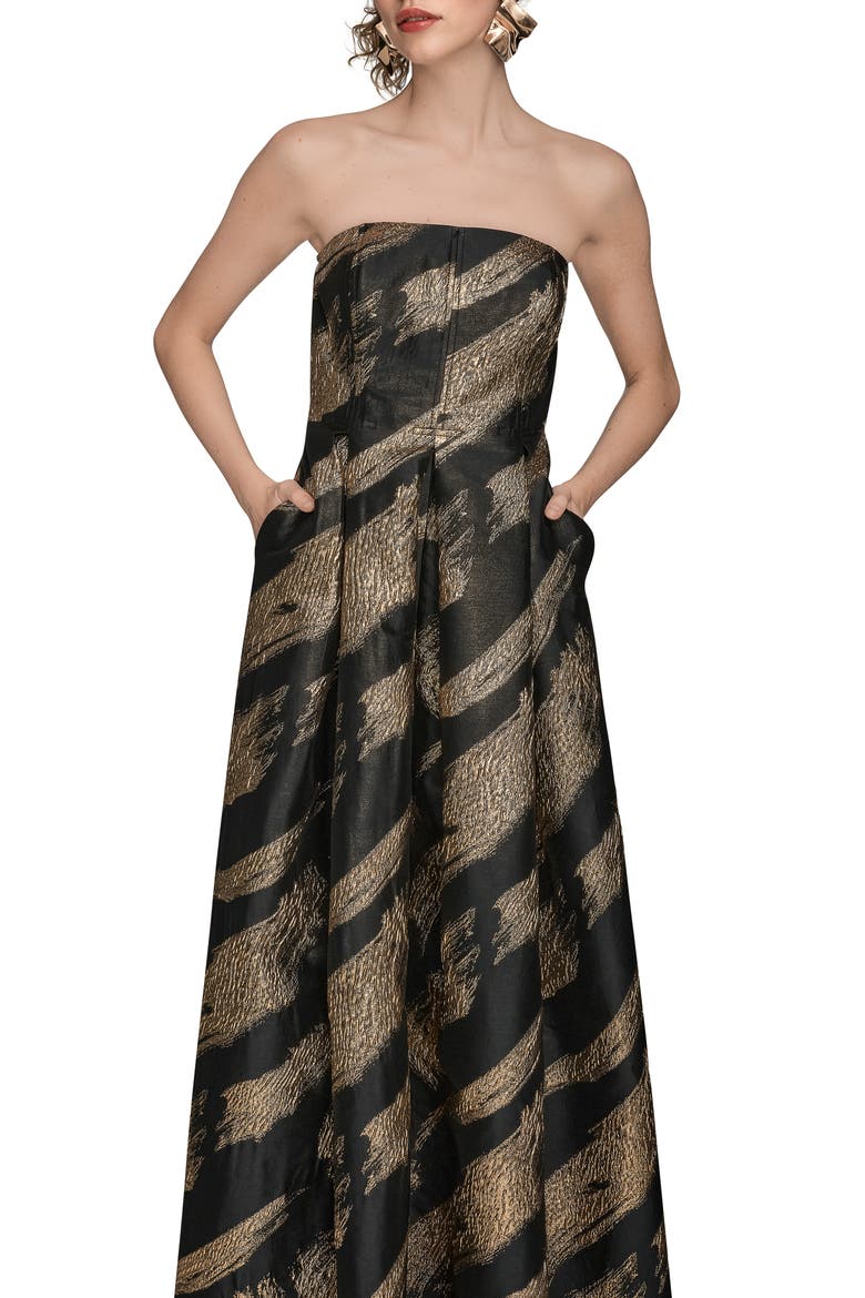 Strapless Fit & Flare Gown, Alternate, color, BLACK/ GOLD