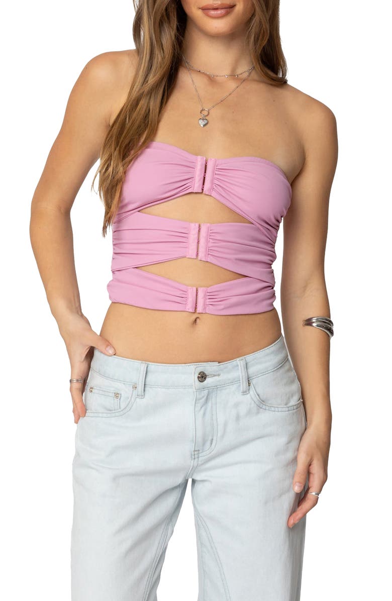 EDIKTED Ariella Cutout Strapless Crop Top, Main, color, Pink