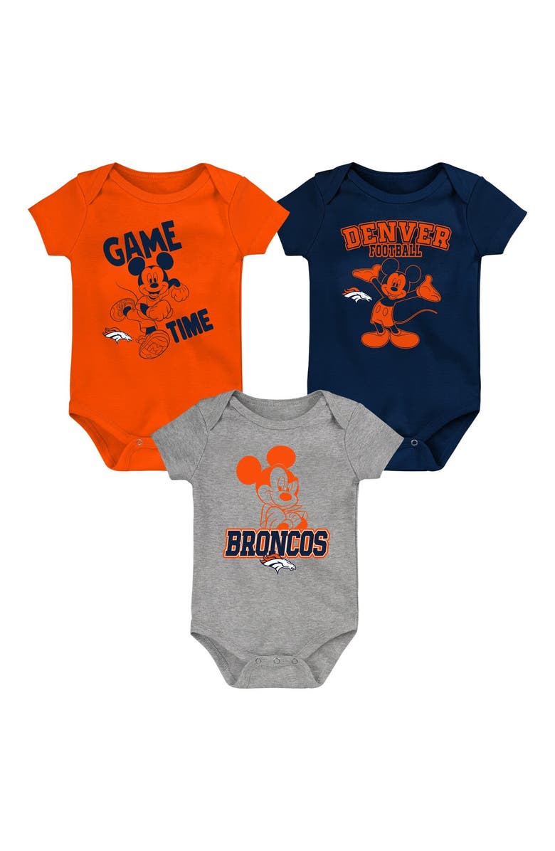 Outerstuff Newborn & Infant Orange/Navy/Gray Denver Broncos Three-Piece Disney Game Time Bodysuit Set, Main, color, 