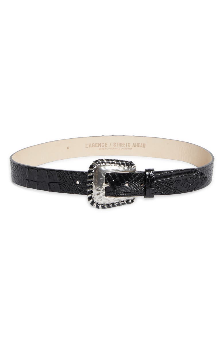 L'AGENCE Brisa Laced Croc Embossed Leather Belt, Main, color, Black Croc Embossed