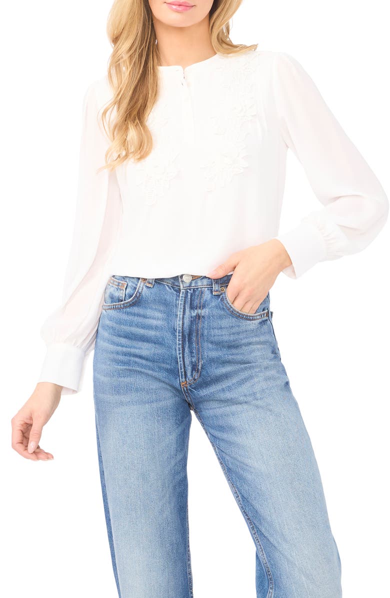 CeCe Floral Appliqué Pintuck Pleat Top, Main, color, New Ivory