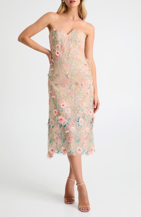 Francine Embellished Floral Appliqué Strapless Cocktail Dress