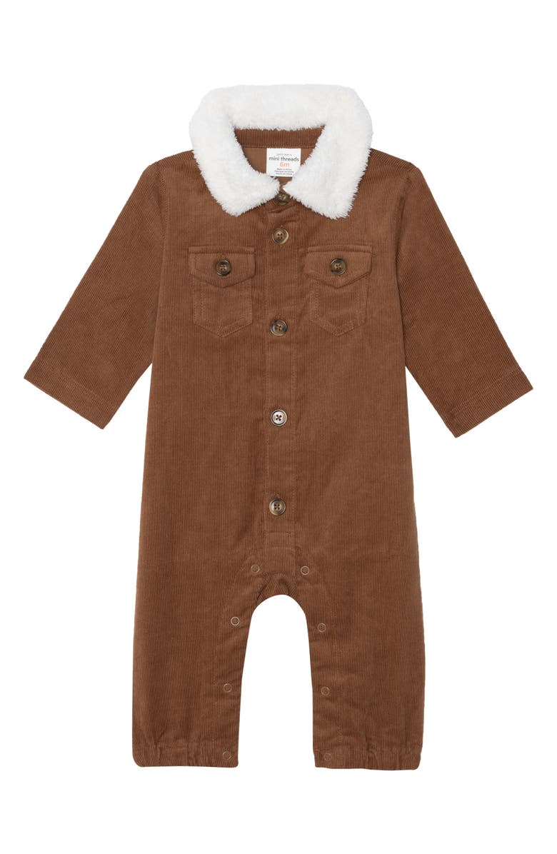 PL Baby by Petit Lem 2-Piece Fleece Collar Corduroy Romper Set, Alternate, color, Rust