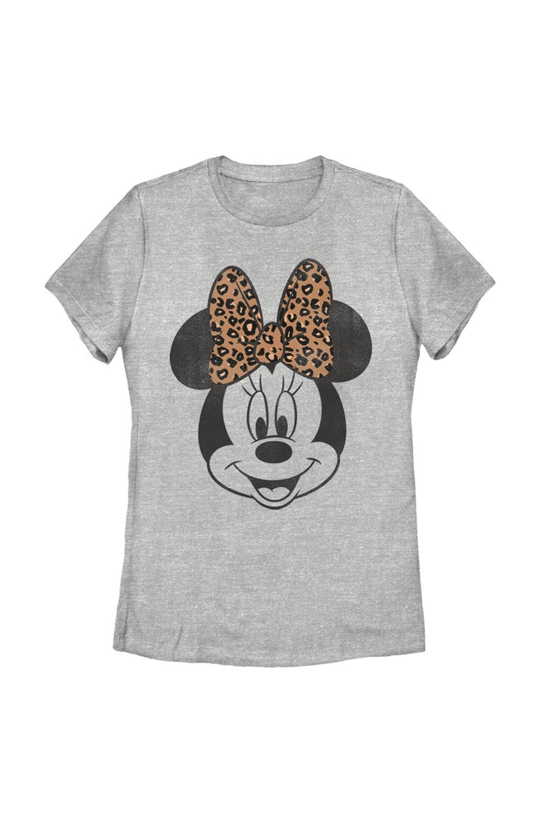 Mickey & Friends Women's Mickey & Friends Minnie Mouse Cheetah Print Bow  Graphic T-Shirt, Main, color, Athletic Heather