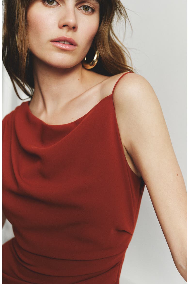 Side Ruched Asymmetric Midi Dress, Alternate, color, BURNT ORANGE
