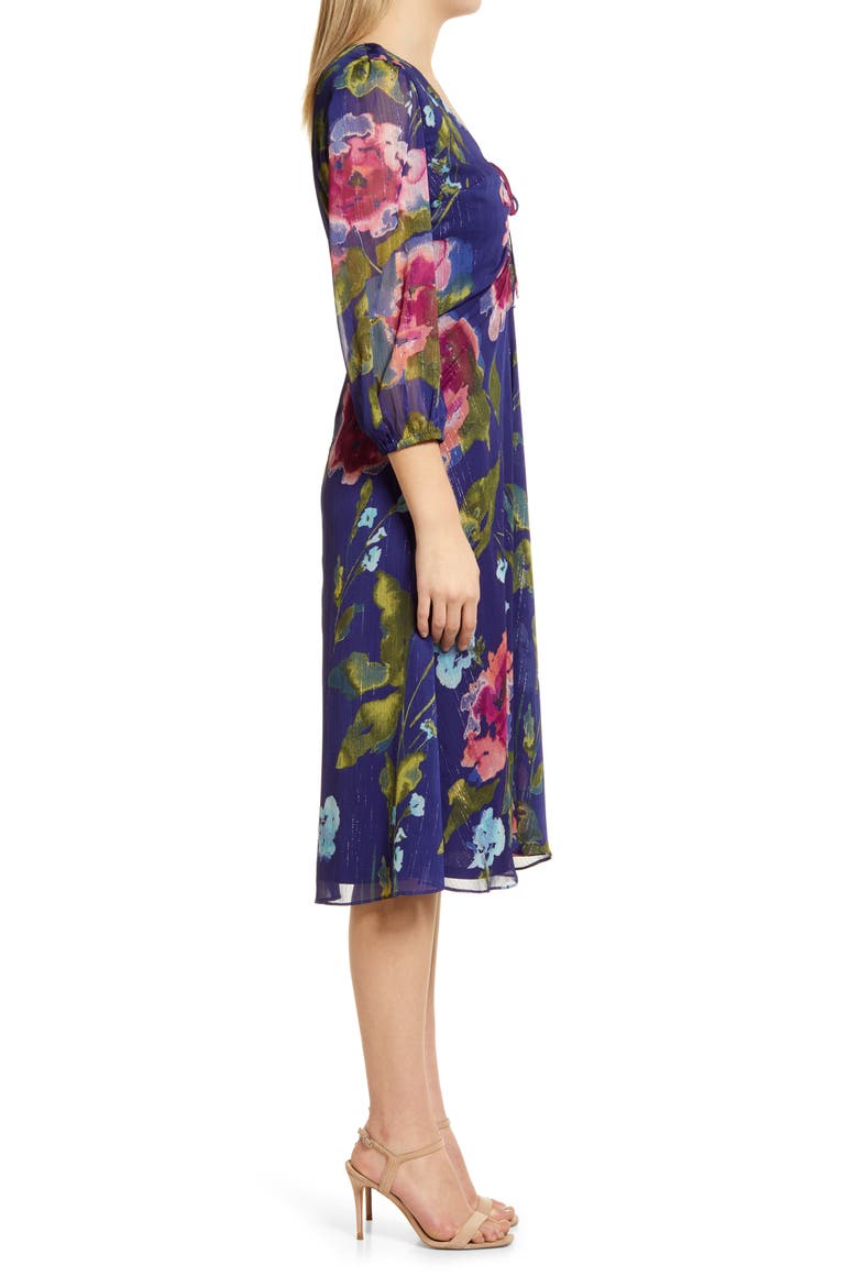 Floral Ruched Front Midi Dress, Alternate, color, NAVY MULTI