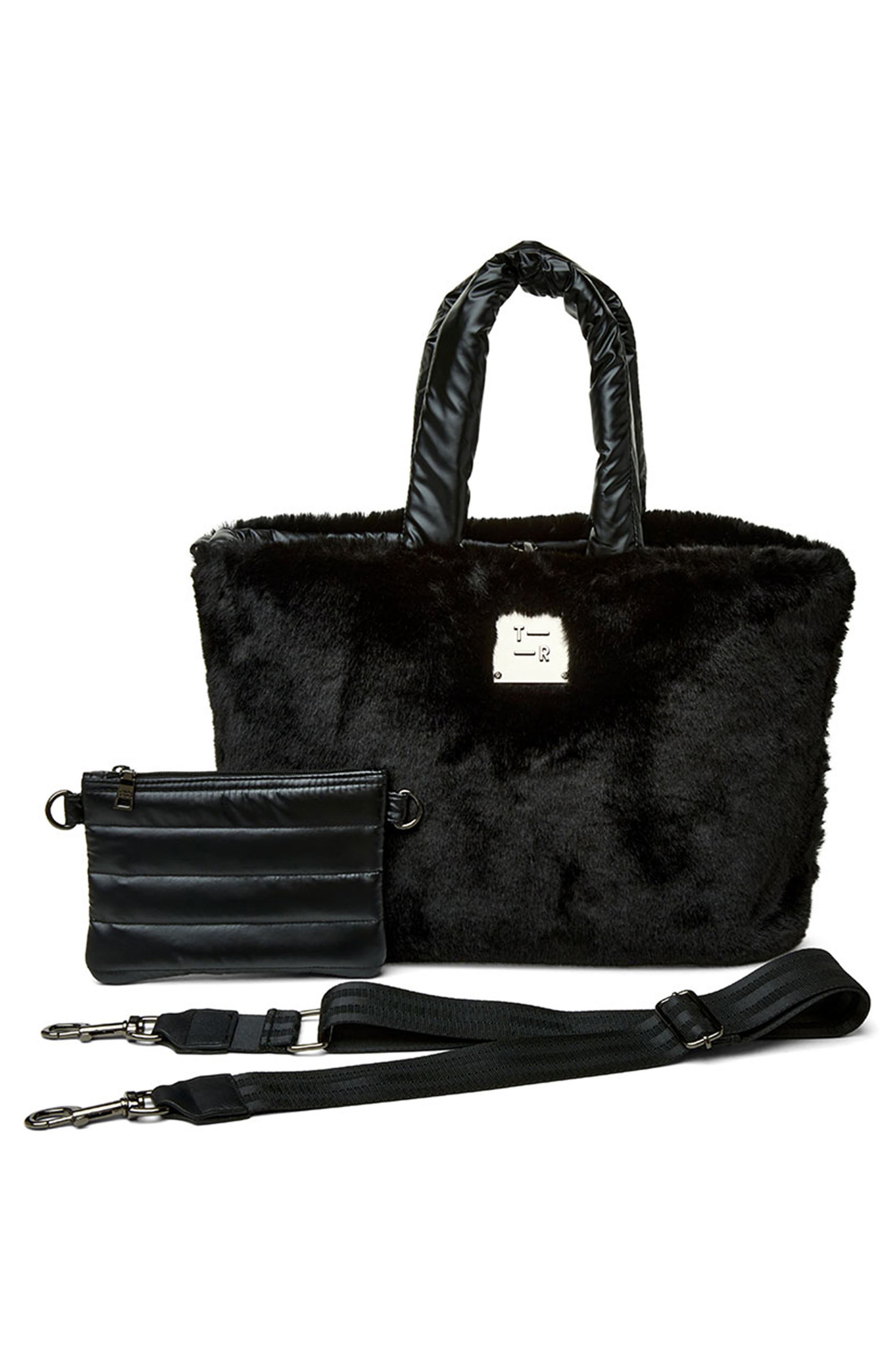 THINK ROYLN Duplex Reversible Faux Fur Trim Tote & Pouch, Alternate, color, Pearl Black/ Black Faux Fur