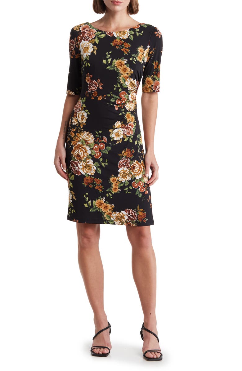 Connected Apparel Floral Side Gather Dress, Main, color, 