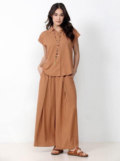 Button Front Shirt with Palazzo Pants Set