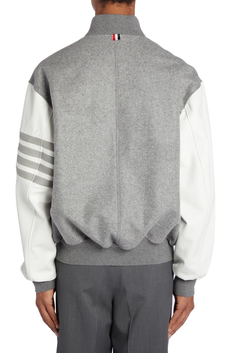 Thom Browne 4-Bar Oversize Wool & Leather Bomber Jacket, Alternate, color, 