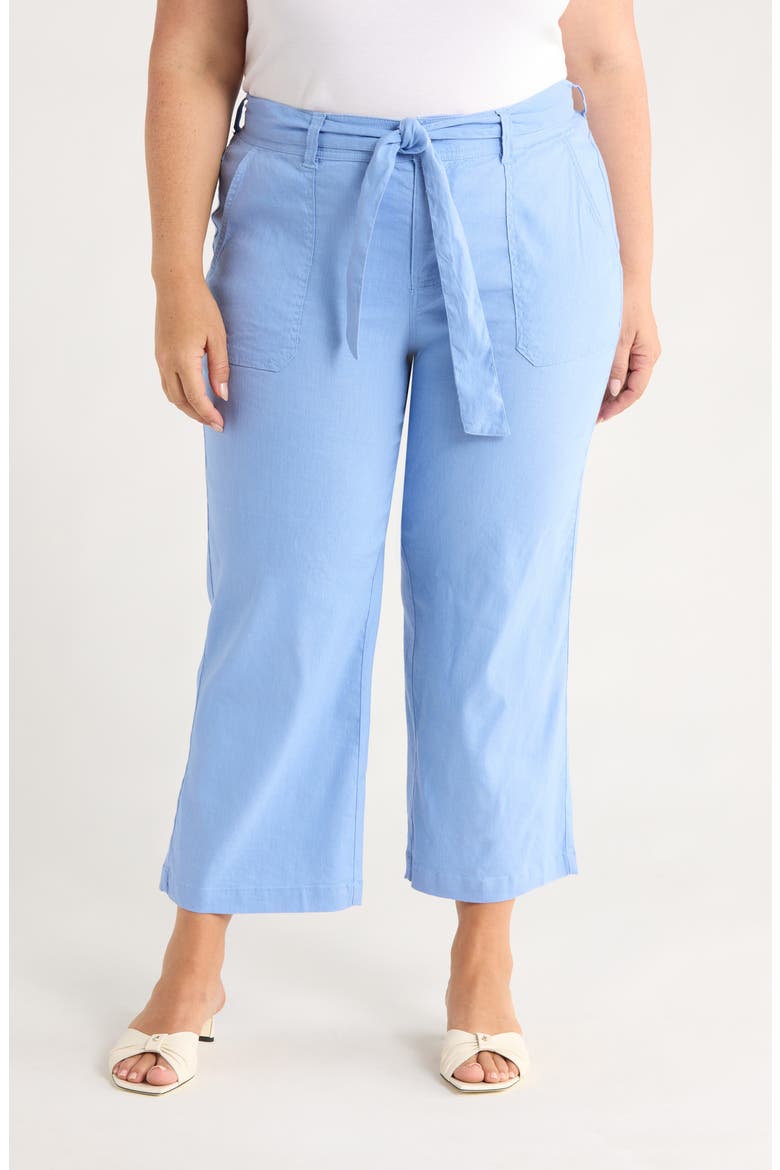 Belted Linen Blend Wide Leg Crop Pants, Main, color, CHAMBRAY BLUE