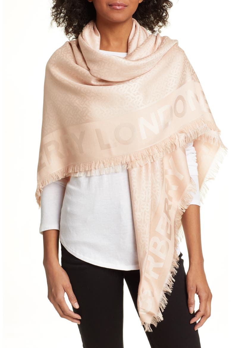 Monogram Jacquard Silk & Wool Scarf, Alternate, color, ROSE BEIGE