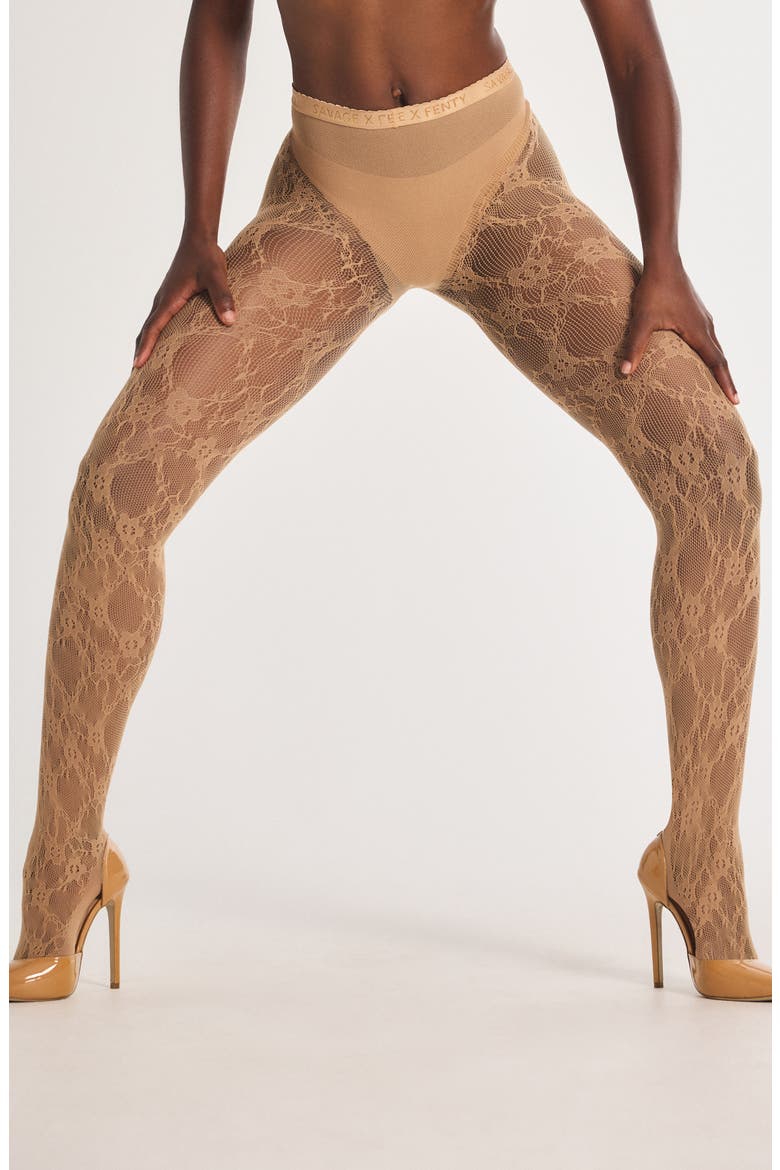 Savage X Lace Floral Sheer Tights, Alternate, color, SWEET LATTE NUDE