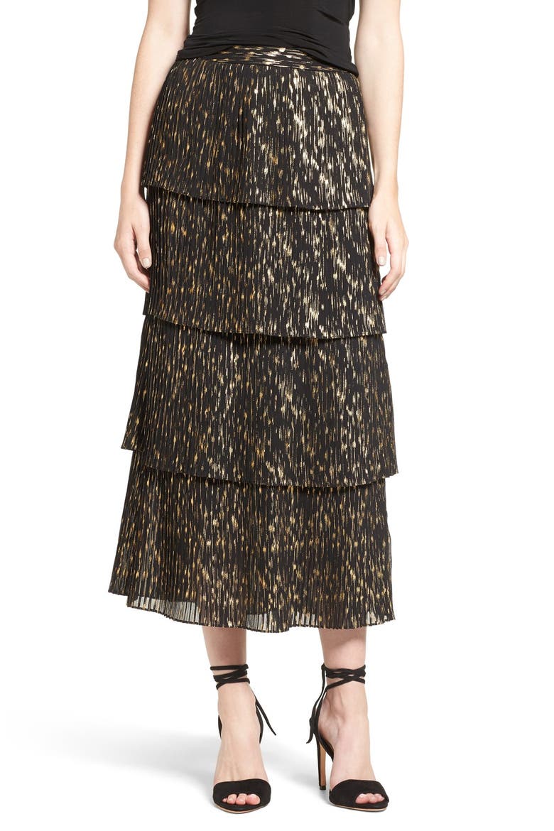 Accordion Pleat Midi Skirt, Main, color, BLACK- GOLD FOIL COMBO