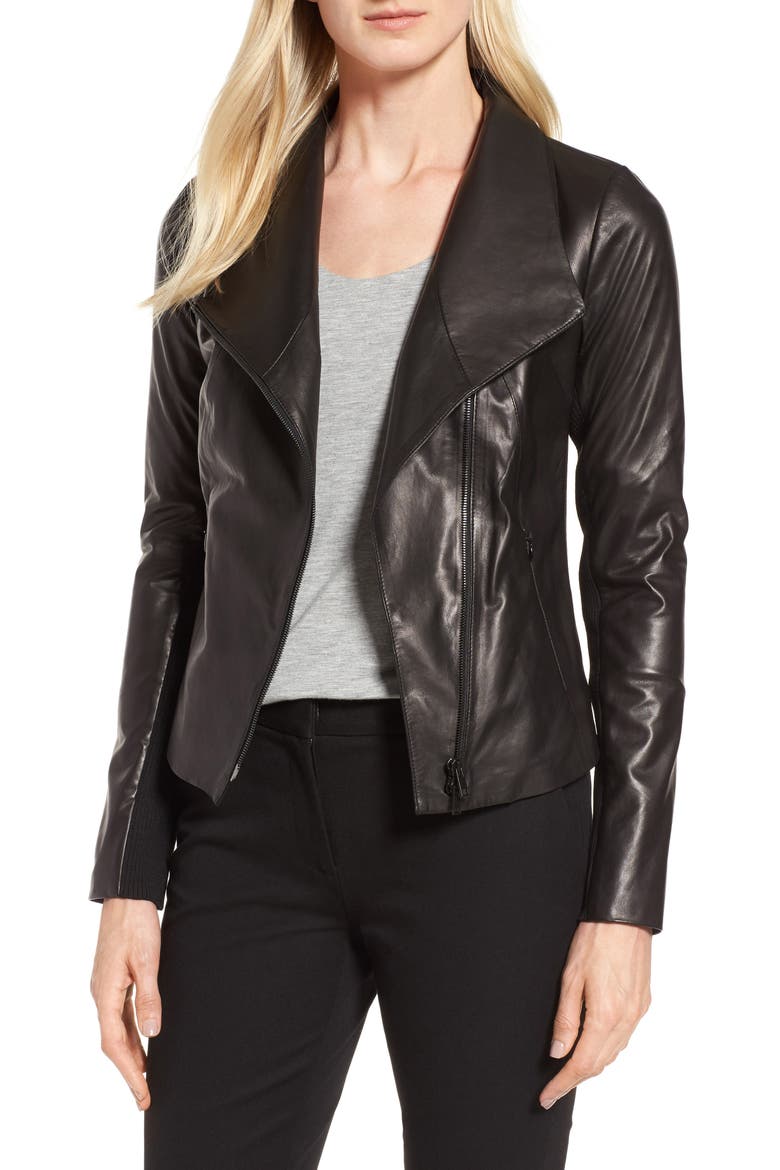 Stand Collar Leather Jacket, Main, color, BLACK