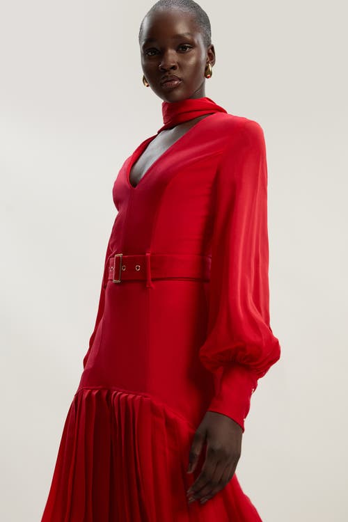 Karen Millen Jersey Ponte Georgette Mix Midi Dress In Red