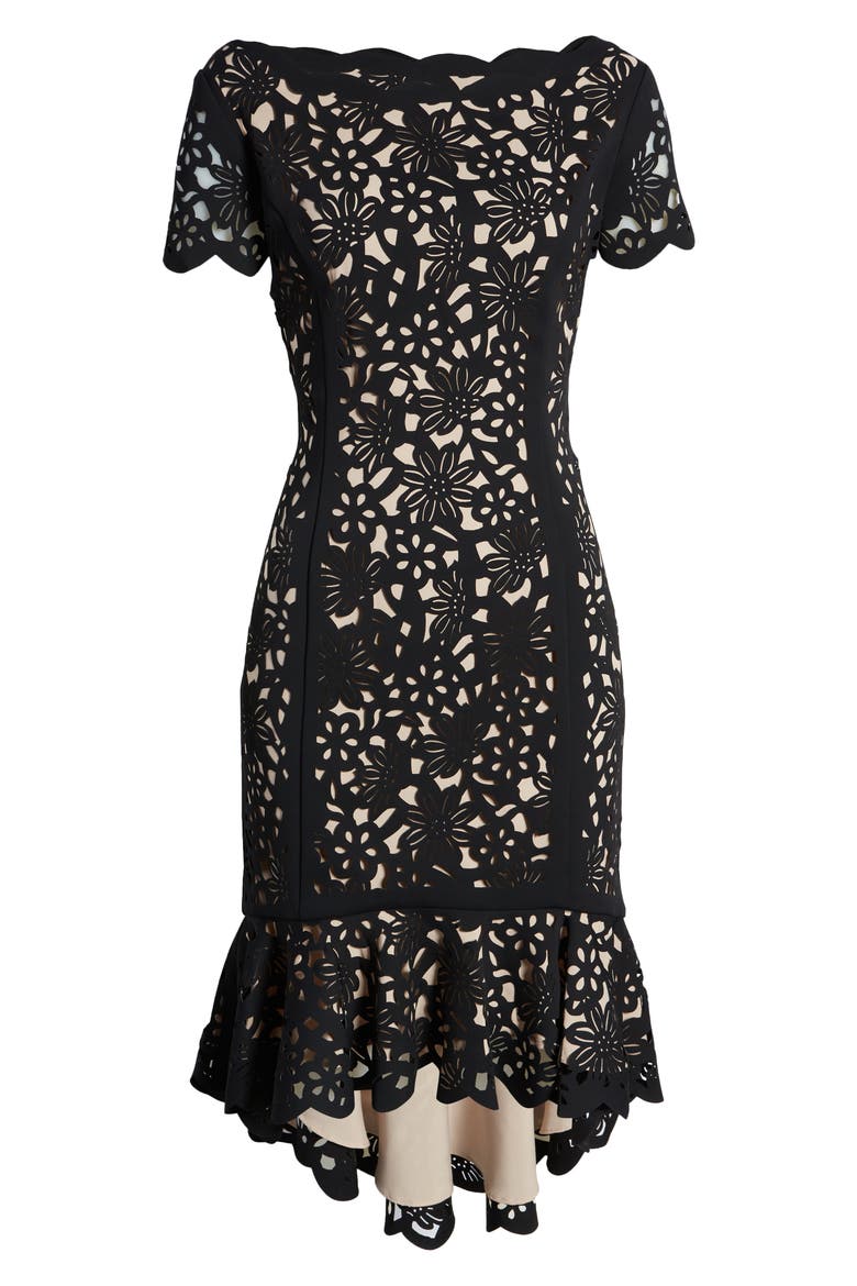 Laser Cut Floral High-Low Cocktail Dress, Alternate, color, BLACK/ NUDE