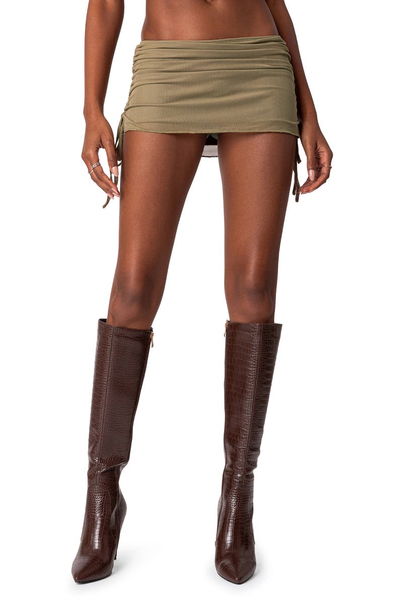 EDIKTED Joy Drawstring Mesh Miniskirt, Main, color, Olive