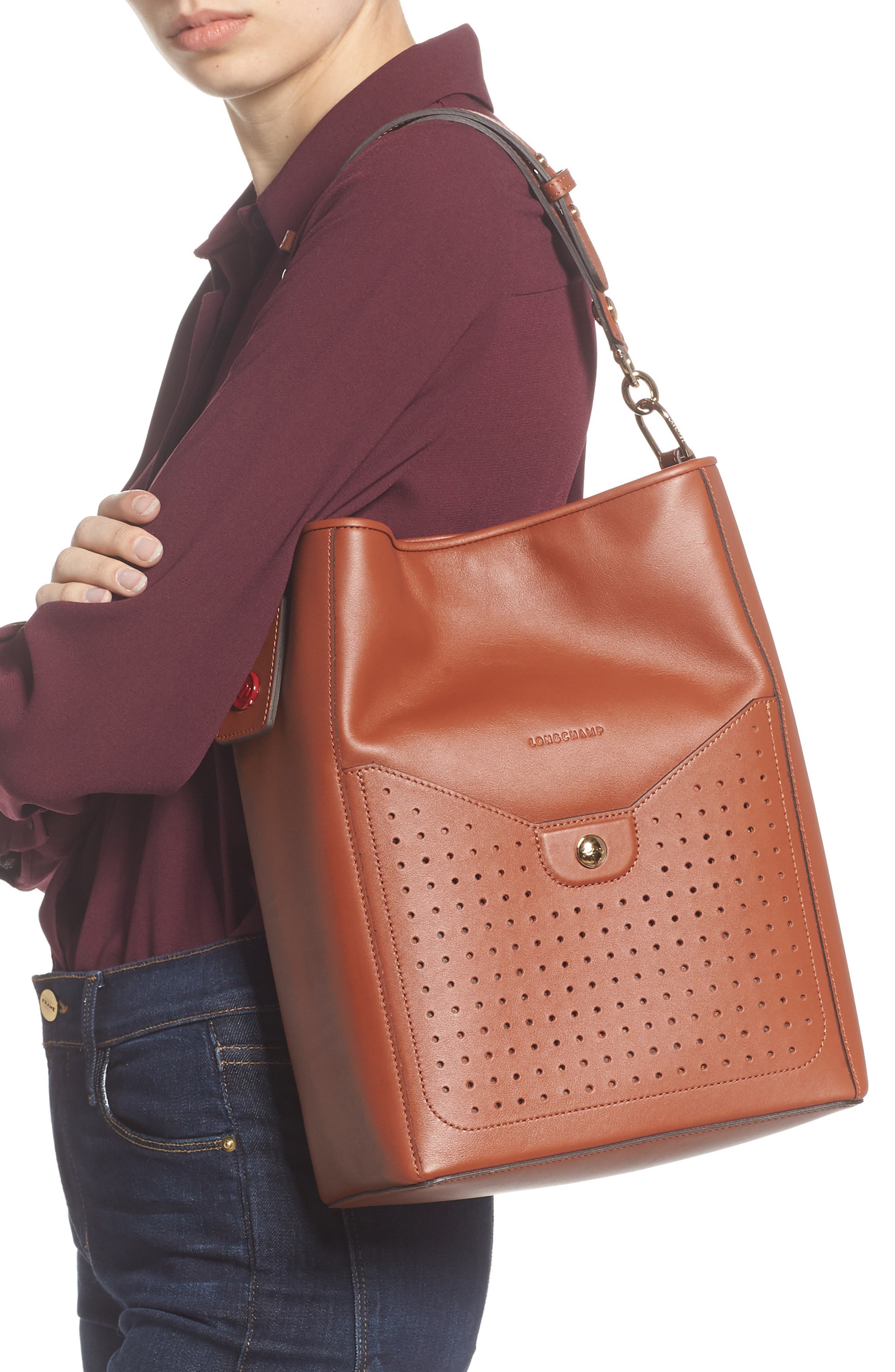 Mademoiselle Perforated Calfskin Leather Bucket Bag, Alternate, color, COGNAC