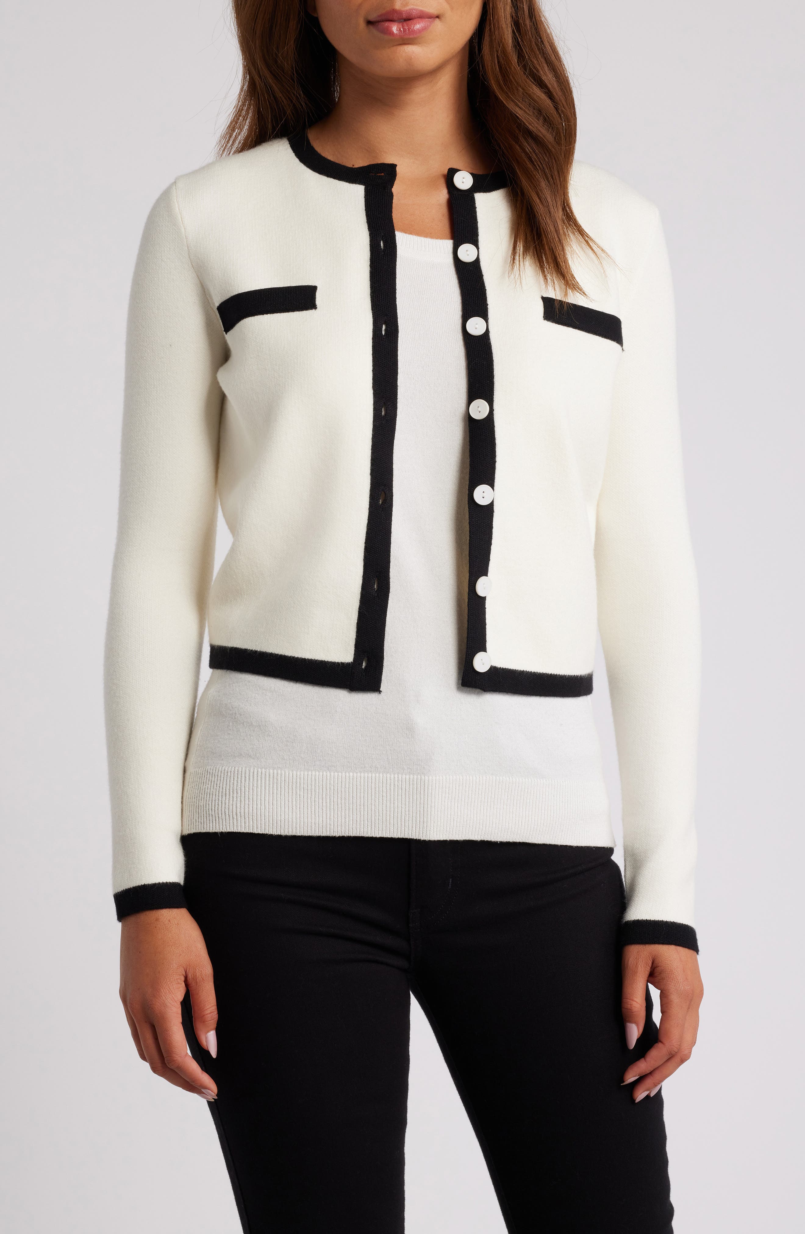 ZOE AND CLAIRE Contrast Trim Cardigan in Cream 