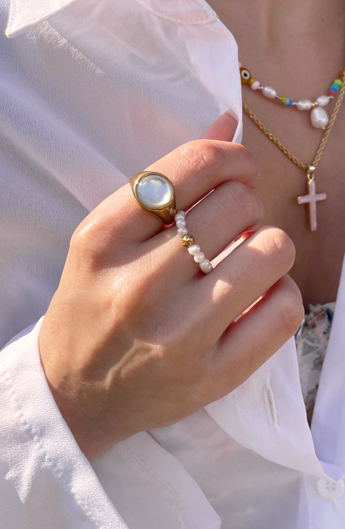 Nialaya Beaded Pearl Ring In White