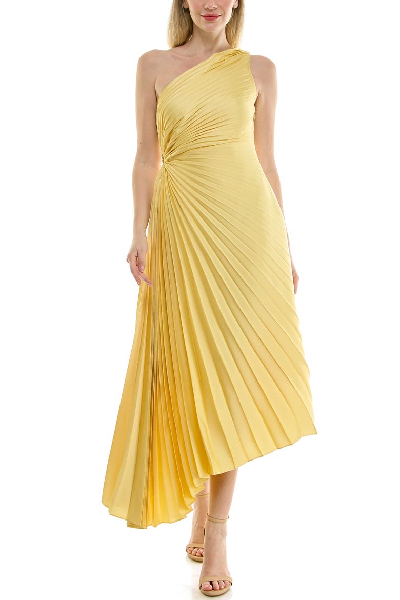 Pleated One-Shoulder Satin Dress, Alternate, color, POPCORN