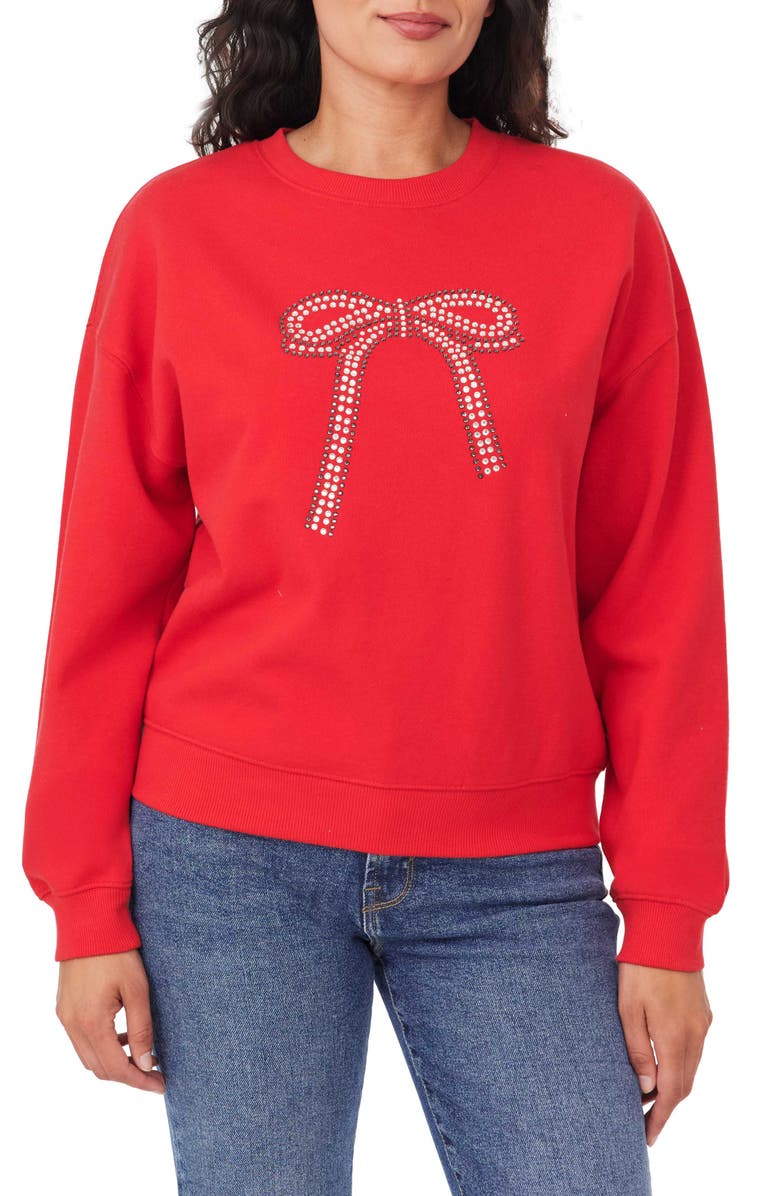 Kensie Bow Embellished Sweatshirt & Scrunchie Set, Alternate, color, Crimson Bow
