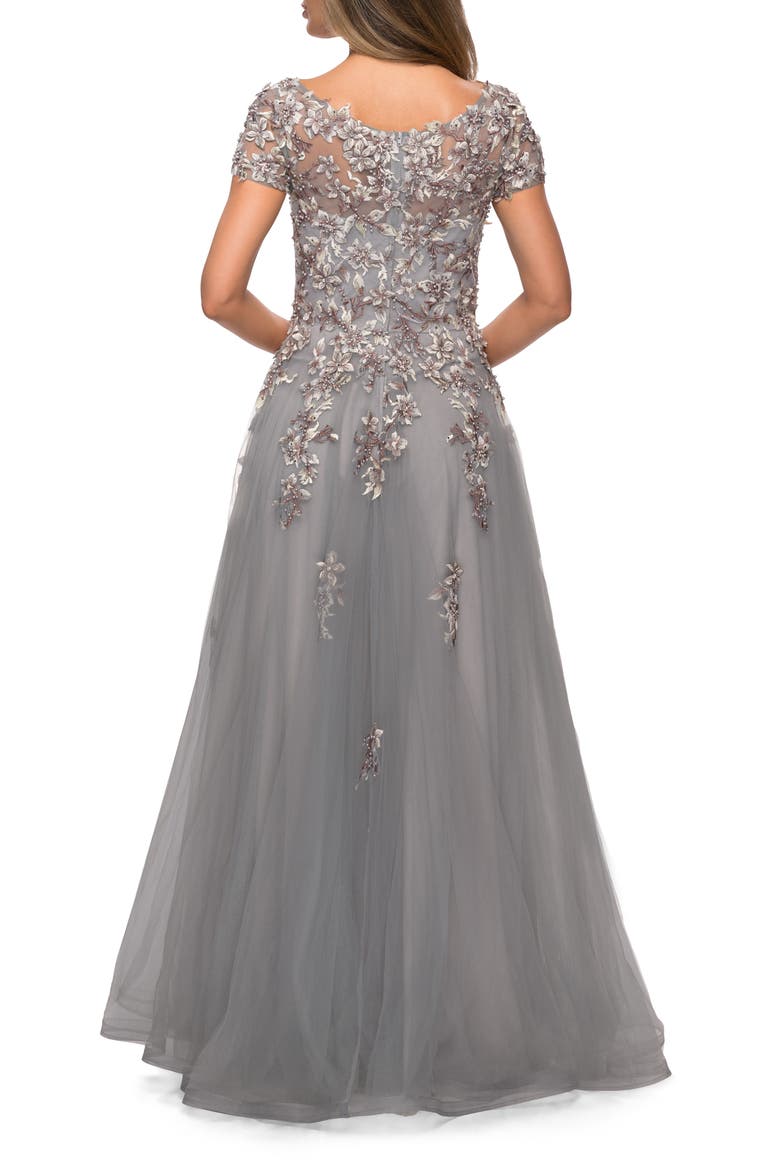Short Sleeve A-line Gown with Beaded Lace Appliques, Alternate, color, Gray