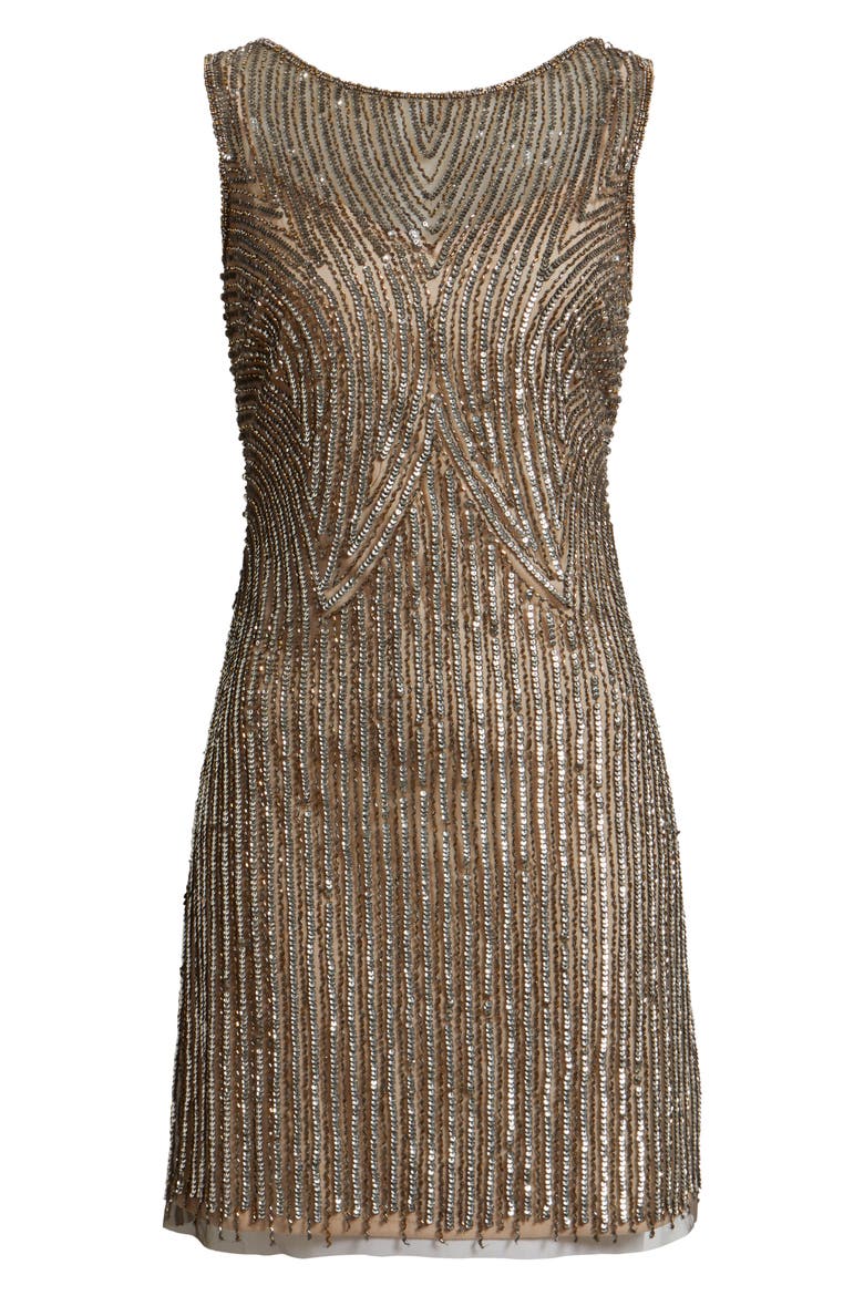 Beaded Sleeveless Cocktail Dress, Alternate, color, MOCHA/ GOLD SILVER