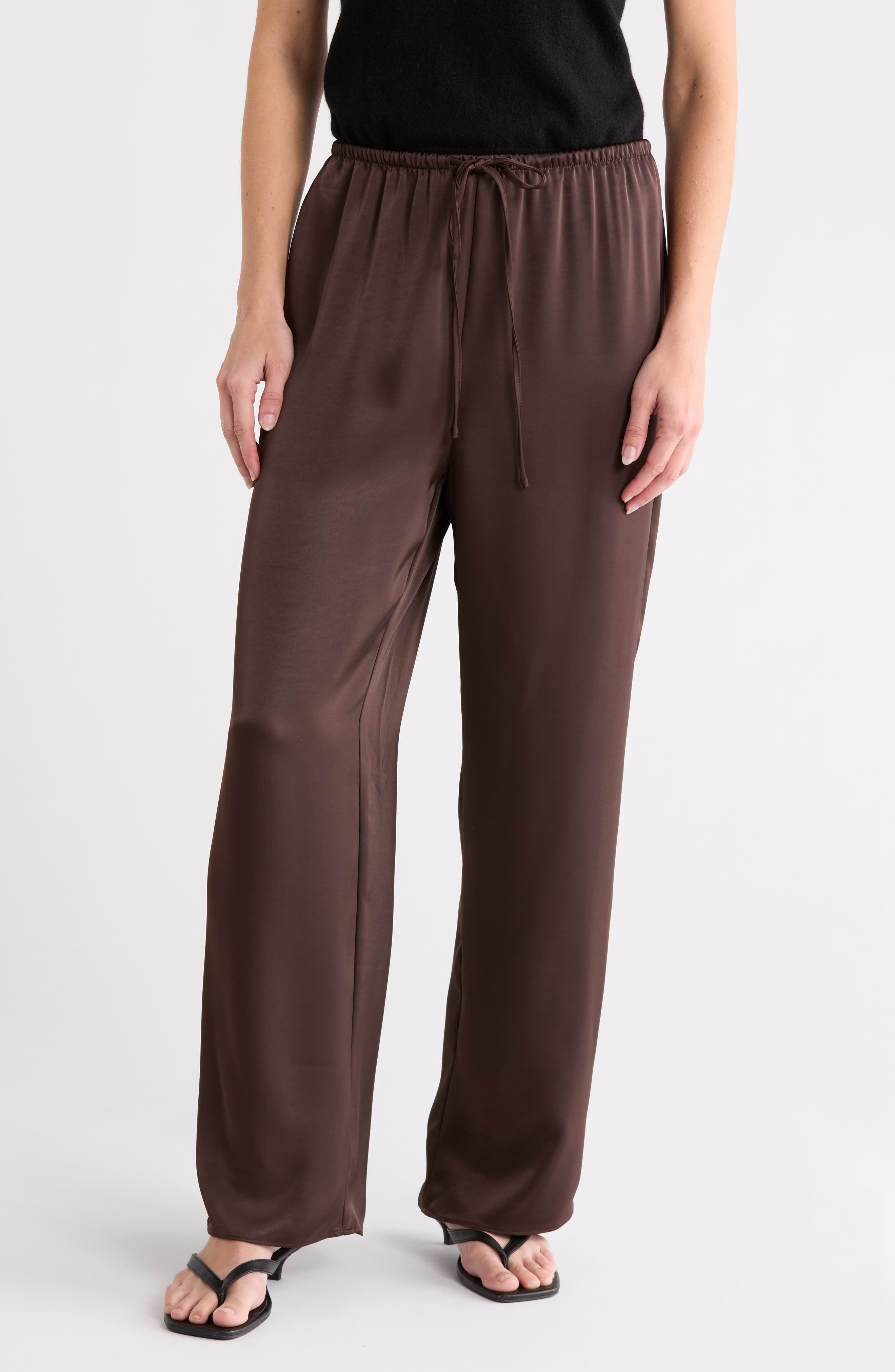 Leith Satin Drawstring Pants In Brown