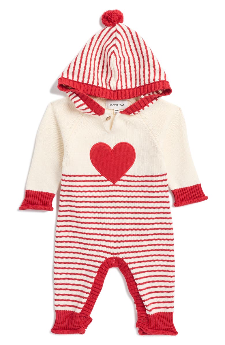 SAMMY + NAT Valentine Heart Appliqué Cotton Blend Hooded Sweater Romper, Main, color,