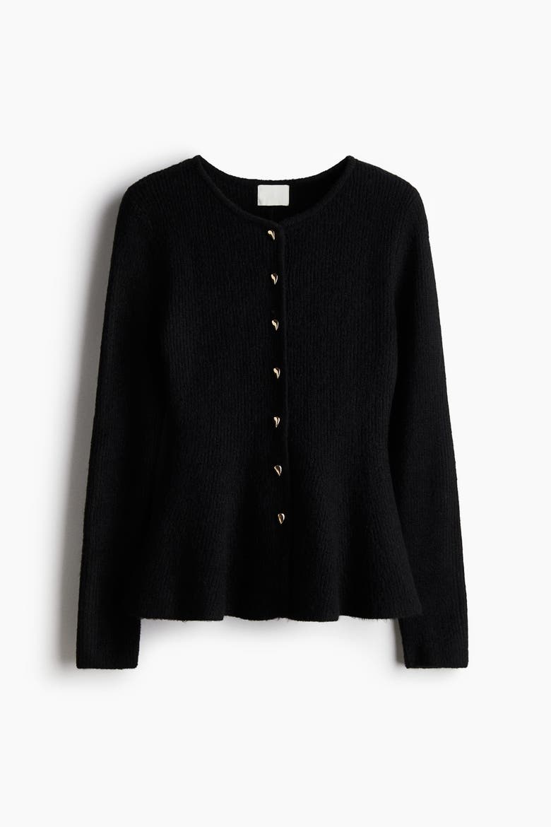 Rib-knit Peplum Cardigan, Alternate, color, Black
