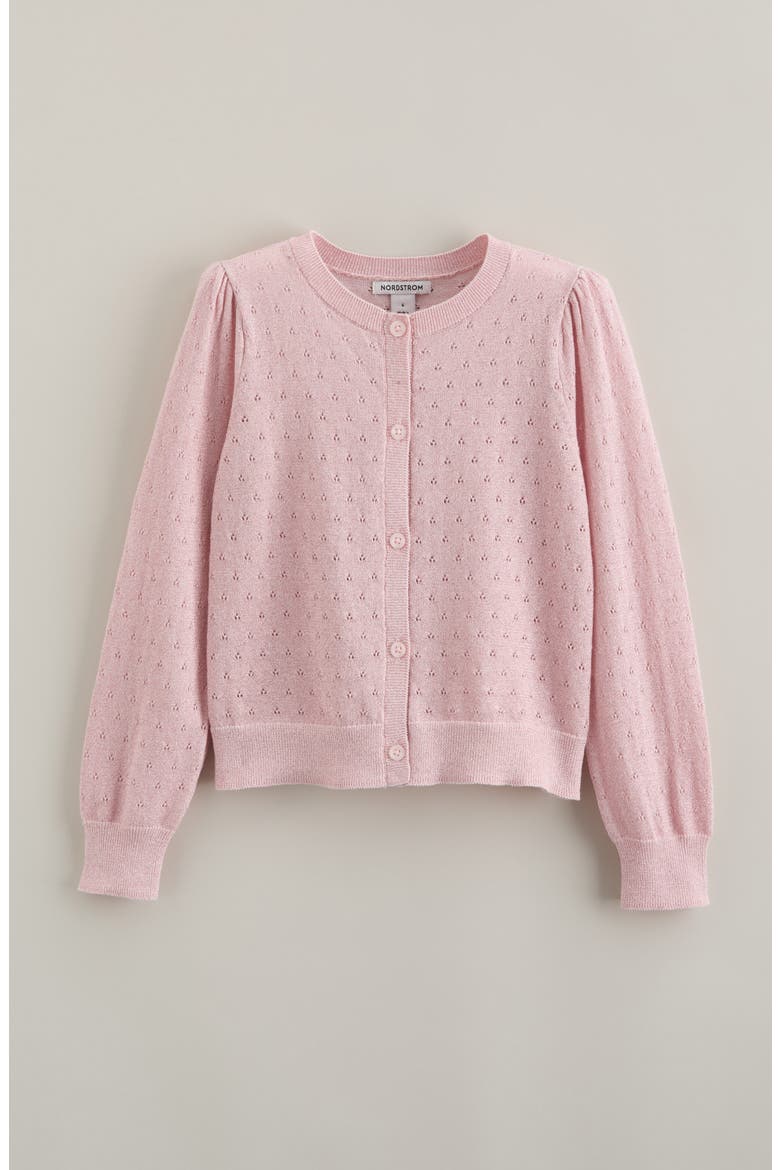 Kids' Pointelle Sparkle Cardigan, Main, color, PINK AMOUR