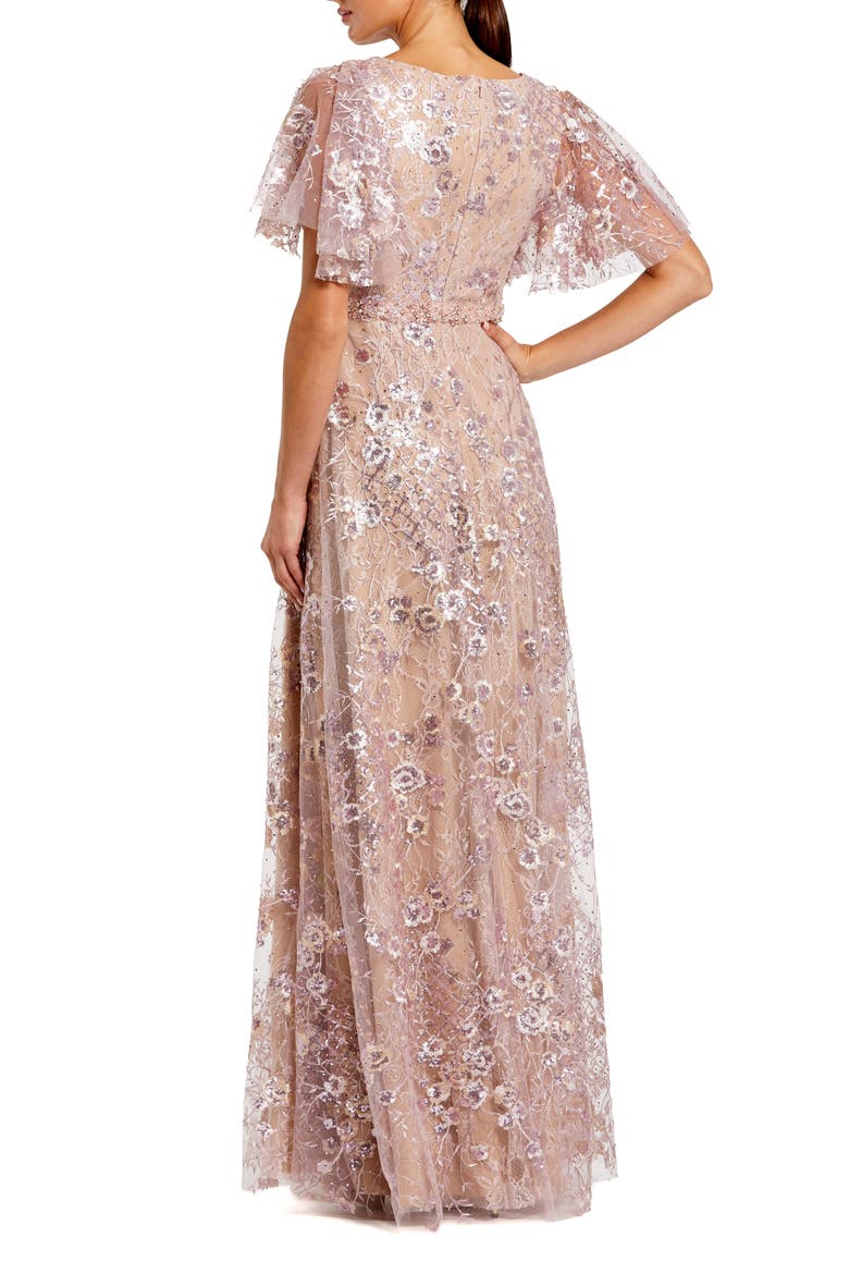 Lace Embellished Flutter Sleeve A-Line Gown, Alternate, color, Rose Pink