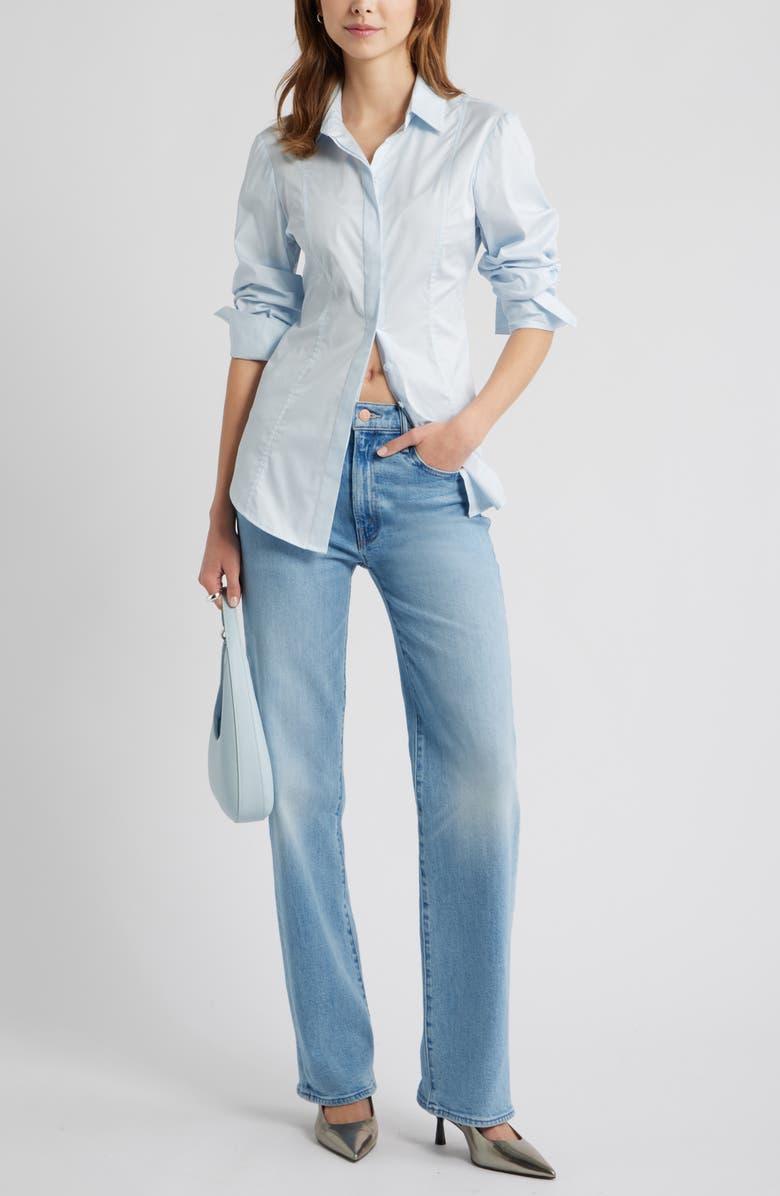 Open Edit Seam Detail Split Back Stretch Cotton Poplin Shirt, Alternate, color, Blue Breeze