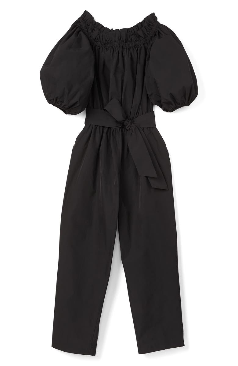 Kate Spade New York taffeta tie waist off the shoulder jumpsuit, Alternate, color,