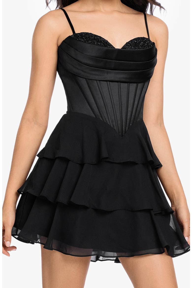 Corset Bodice Tiered Cocktail Minidress, Alternate, color, BLACK