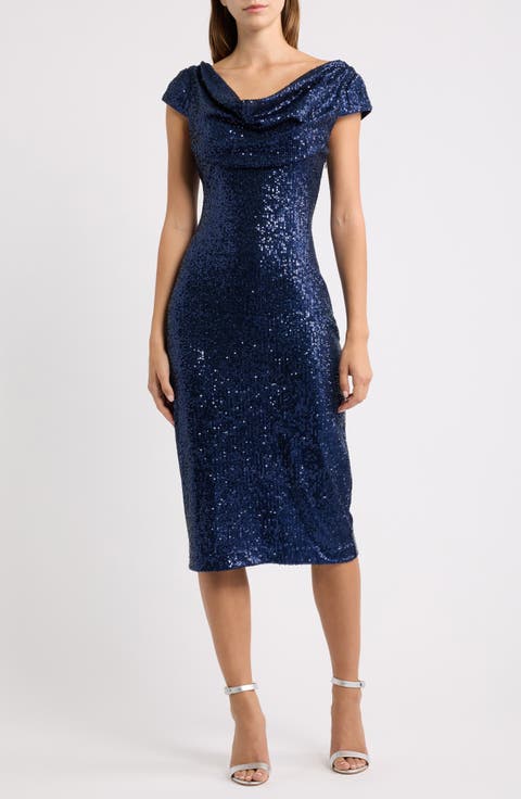 Cowl Neck Sequin Midi Dress