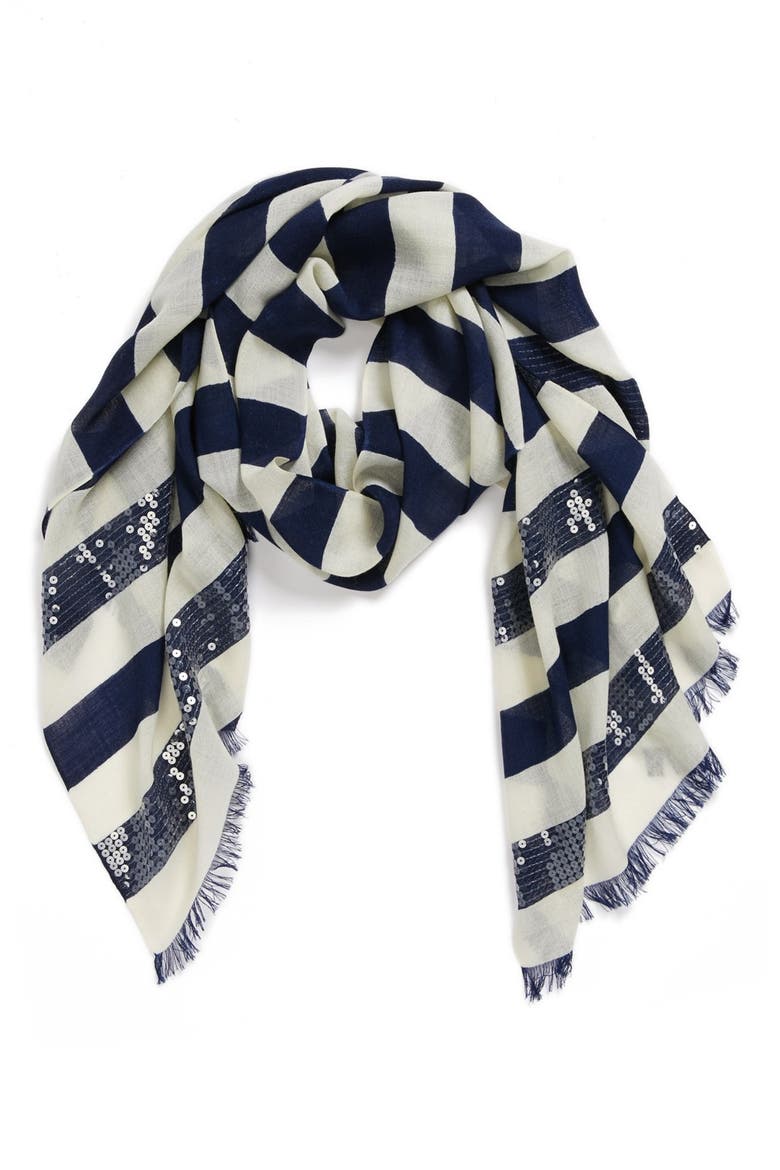 sequin embellished stripe scarf, Main, color, FRENCH NAVY/ CREAM
