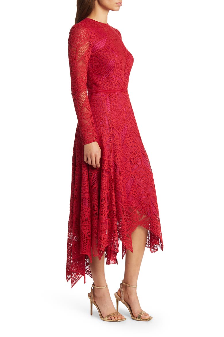 Long Sleeve Lace Handkerchief Hem Midi Dress, Alternate, color, LAVA RED