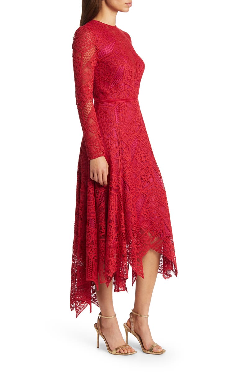Tadashi Shoji Long Sleeve Lace Handkerchief Hem Midi Dress, Alternate, color,