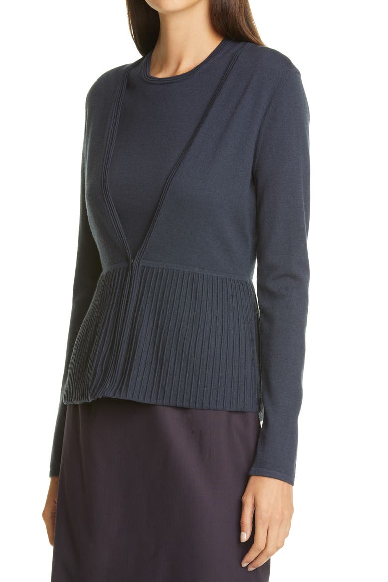 Faly Ribbed Peplum Wool Blend Cardigan, Alternate, color, NAVY