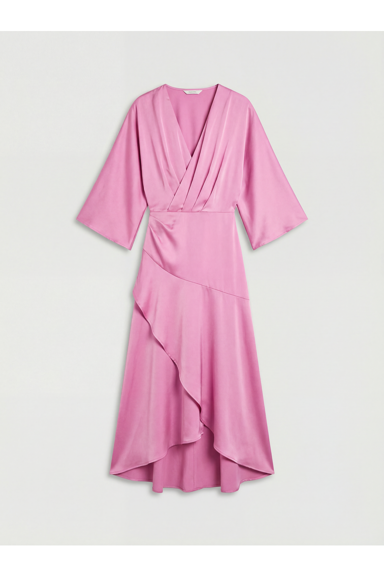 Satin Back Crepe Ruffle Wrap Midi Dress, Alternate, color, Pink