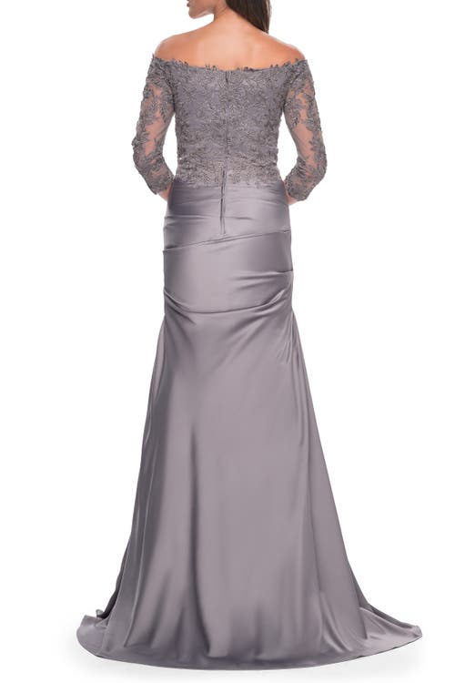 La Femme Mermaid Satin Dress With Gathering And Off The Shoulder Top In Silver