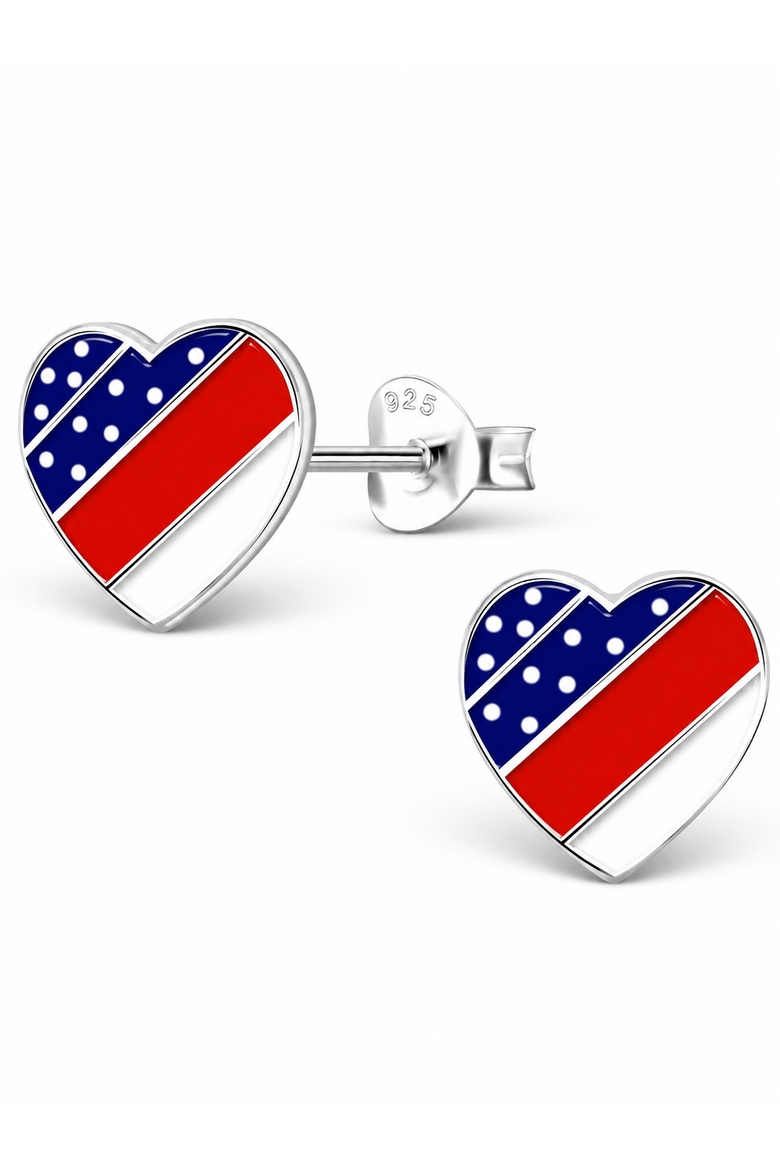 Sterling Silver American Flag Heart Stud Earrings, Main, color, Metallic Silver