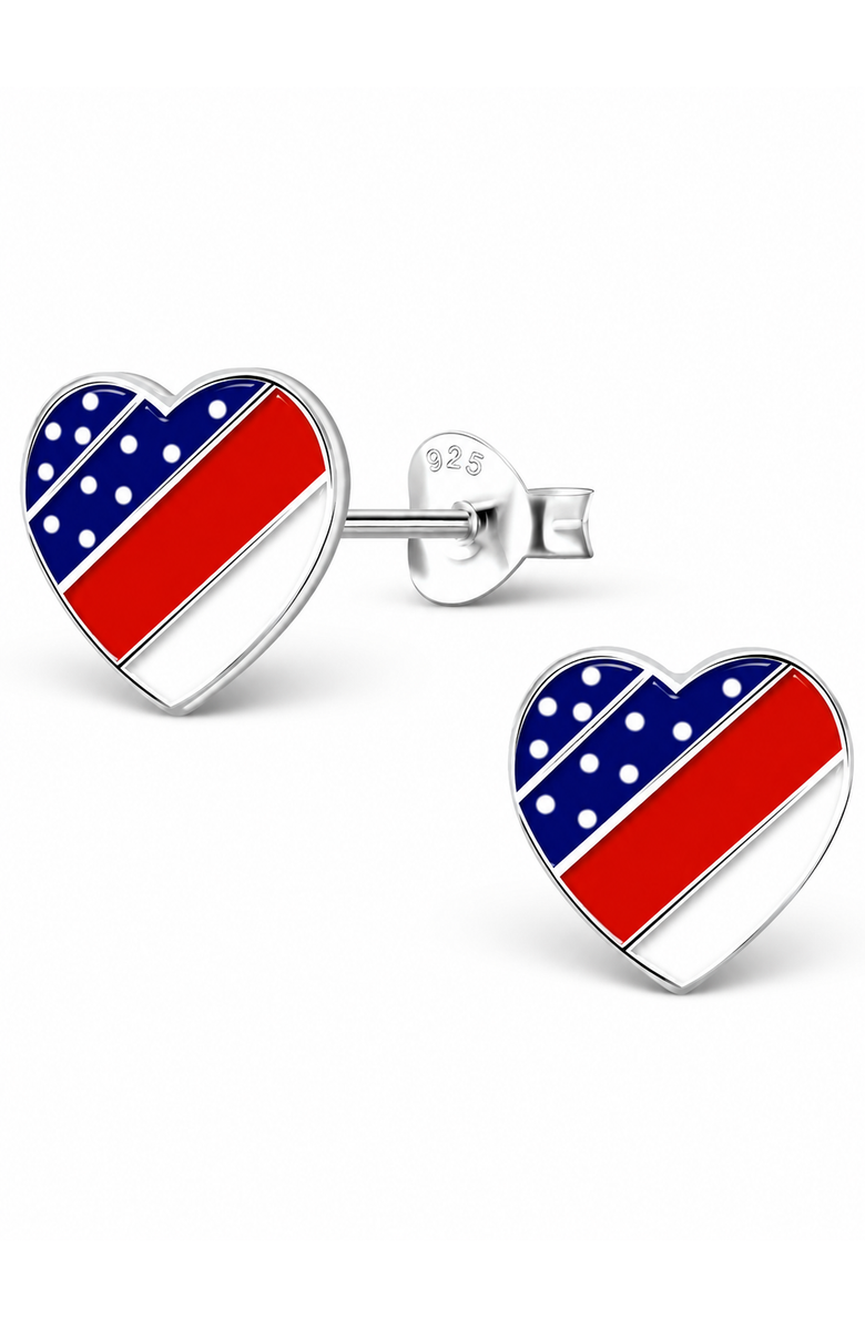Mia Belle Girls Sterling Silver American Flag Heart Stud Earrings, Main, color, Metallic Silver