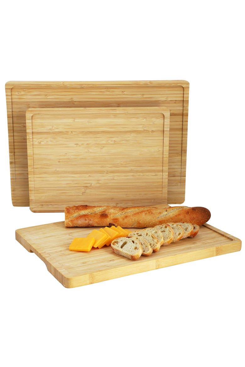 3 Piece Wood Cutting, Prep and Serving Boards with Slanted Juice Groove, Main, color, Bamboo